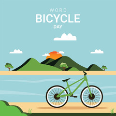 Vector word bicycle day vehicle in front of mountain and river