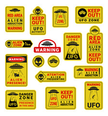 Warning UFO road sign yellow red badge with aliens abduction black line set vector flat illustration