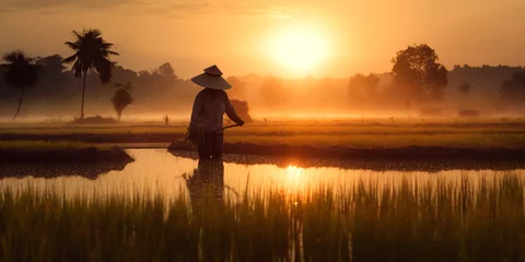Fotobehang asian rice farmers, sunset landscape, generative ai © CROCOTHERY