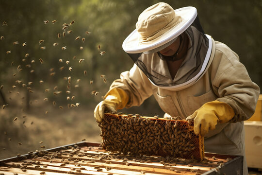 Apiculteur récoltant le miel dans une ruche » IA générative