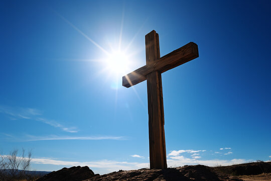 Les rayons du soleil sur une croix en bois un jour d'été » IA générative