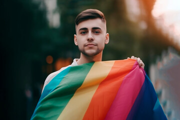 Fototapeta premium gay guy holding lgbt flag in hands, Ai generative