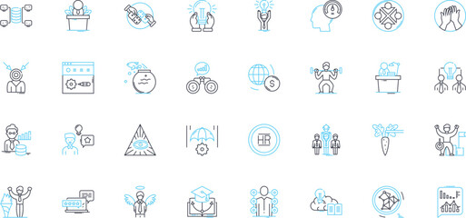 World trade linear icons set. Globalization, Export, Import, Tariffs, Embargo, Free trade, Protectionism line vector and concept signs. Trade barriers,Multilateralism,Bilateralism outline