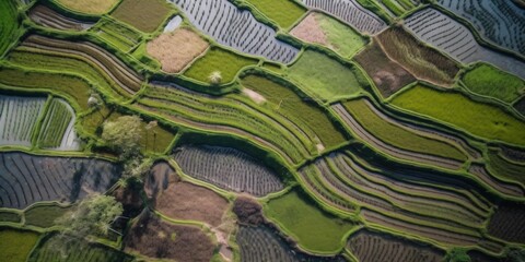 Fototapeta premium drone shot of rice fields, agriculture aerial view, fictional landscape created with generative ai