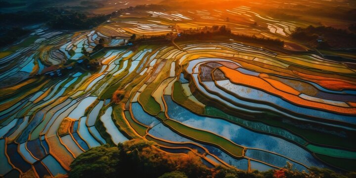 drone shot of rice fields, agriculture aerial view, fictional landscape created with generative ai