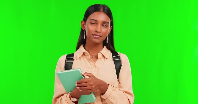 Green screen, indian woman thinking and student holding a book with backpack on back. Expression for problem solving, young female creating decisions or ideas and isolated person in chroma key
