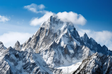 Obraz premium Vue sur le sommet d'une montagne enneigée avec des nuages » IA générative