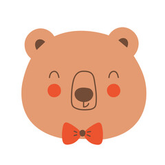 Cute Bear with Bow Tie. Scandinavian face bear. Element for print, postcard and poster. Vector illustration