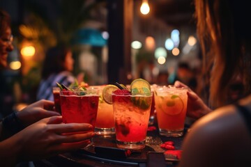 Group of people in a bar. Colorful cocktails at bar counter, close up view. Generative AI