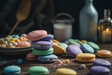 Obraz na płótnie Canvas Pastel rainbow cookies in the background. Generative AI