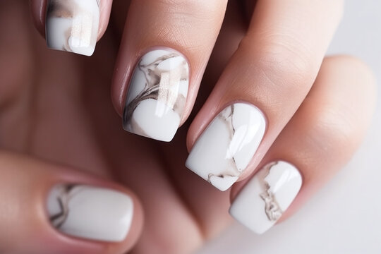 Gros plan sur des doigts avec du vernis &agrave; ongles imitation marbre avec or &raquo; IA g&eacute;n&eacute;rative