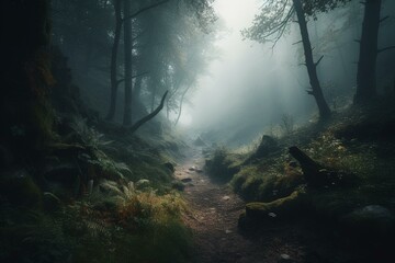Dramatic misty forest landscape. Generative AI