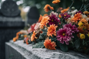 Gros plan sur un bouquet de fleurs sur une ancienne pierre tombale » IA générative - obrazy, fototapety, plakaty