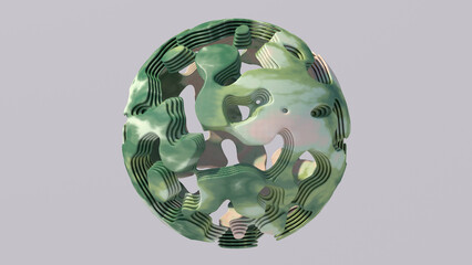 Green and beige organic sphere. Abstract illustration, 3d render.