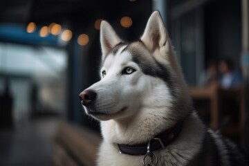 Medium shot portrait photography of a happy siberian husky being at an art gallery against marinas and harbors background. With generative AI technology