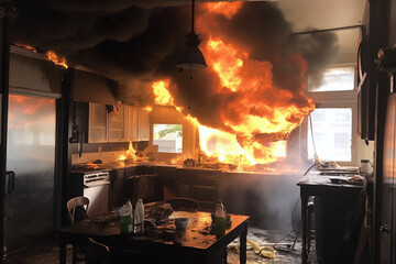 Vue sur une cuisine en feu  dans un logement &raquo; IA g&eacute;n&eacute;rative