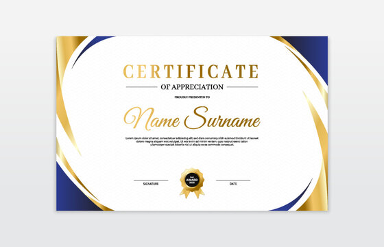 Blue and gold certificate border template. For appreciation, business and education needs