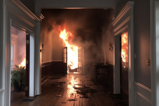 Vue sur le couloir d'entrée d'une maison en feu » IA générative