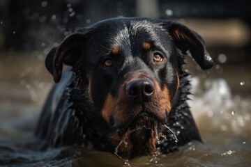 Medium shot portrait photography of a curious rottweiler shaking off water after swimming against sports stadiums background. With generative AI technology