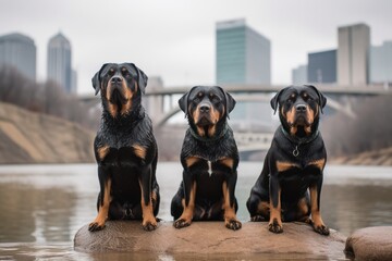 Group portrait photography of a happy rottweiler being in front of a city skyline against waterfalls background. With generative AI technology