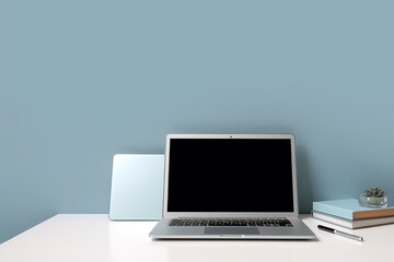 Fototapeta premium Opened laptop with business accessories. Minimal workplace for freelancer or student. Communication and networking, home office. Back to school concept. Mockup, template, copy space. AI generated