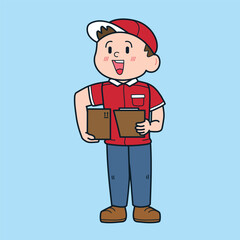 a cute delivery boy in red uniform holding a box and writing board, a courier in red uniform holding box and writing board, courier boy holding a box and writing board vector 