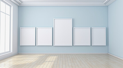 generative ai illustration of five white blank image frames hanging on a light blue wall in a room with a wooden floor