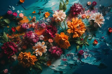 Fototapeta na wymiar Palette knife painting of flowers on blue background. Generative AI