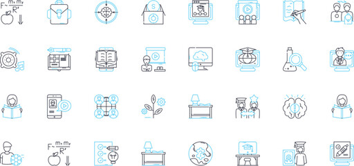 Academic merit linear icons set. Excellence, Achievement, Prowess, Mastery, Distinction, Brilliance, Aptitude line vector and concept signs. Proficiency,Expertise,Scholarly outline illustrations