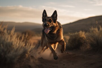 Medium shot portrait photography of a scared german shepherd jumping against wildlife refuges background. With generative AI technology