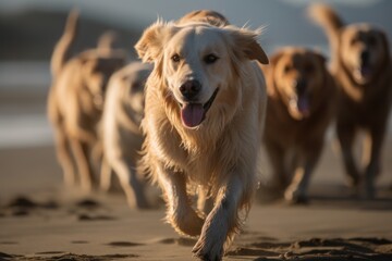 Group portrait photography of an aggressive golden retriever running on the beach against wildlife refuges background. With generative AI technology