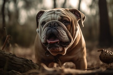 Obraz premium Medium shot portrait photography of a scared bulldog having a toy in its mouth against wildlife refuges background. With generative AI technology