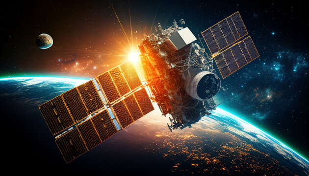 5G Satellite Breitband, Satellit im Weltall Weltraum mit Sonne im Hintergrund und Erde, Generative AI 