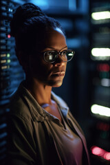 Fototapeta premium In the digital heart of a data center, a 45-year-old Afro-American woman IT expert weaved her expertise, nurturing the veins of technology that connect the world. Generative AI