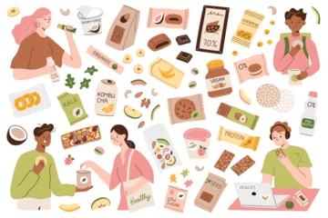 Foto op Aluminium Healthy organic snacks to buy, vegans eating granola bars, dry fruits, store bought protein packed food, tasty sugar-free snack icons, hand drawn vector illustrations of packaged fortified desserts © Elena