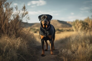 Environmental portrait photography of a scared rottweiler standing on hind legs against wildlife refuges background. With generative AI technology