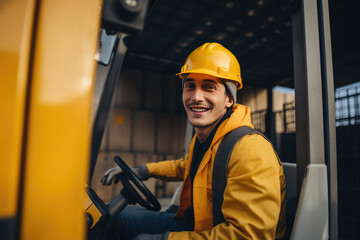 Portrait of a smiling man wearing a yellow helmet driving yellow reach truck in a outdoor storage. Generative AI