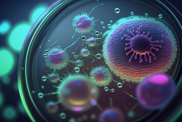 close-up of bacteria, with magnifying glass in the background. generative ai