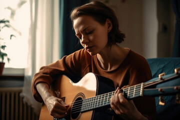 Fototapeta premium Woman playing on acoustic guitar at home. Generative AI