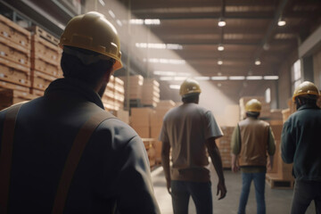 Warehouse with warehouse workers in hard hat. Generative AI