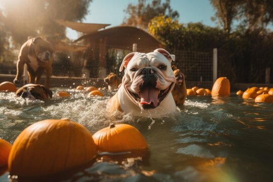 Group portrait photography of a curious bulldog splashing in a pool against pumpkin patches background. With generative AI technology