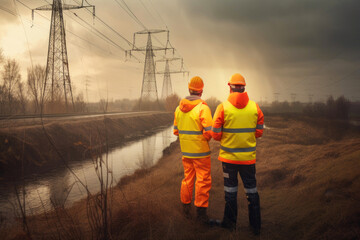 Engineers in reflective vests and helmets look at high-voltage power lines. Generative AI