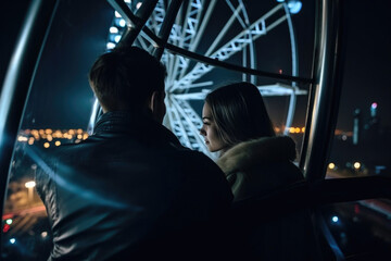 Fototapeta na wymiar Couple in love on a Ferris wheel ride, night city from behind. Generative AI