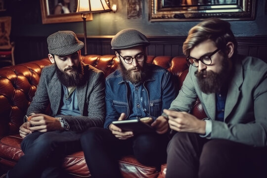Group of hipster friends talking and sitting on sofa in pub created with Generative AI