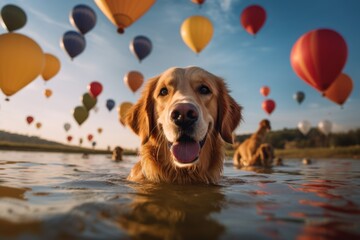 Group portrait photography of a happy golden retriever swimming against hot air balloon festivals background. With generative AI technology