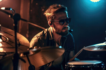 Hipster man plays drums with a band performing at a rock concert. Generative AI