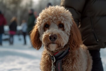 Medium shot portrait photography of a curious poodle hiking with the owner against ice skating rinks background. With generative AI technology