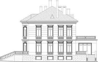 House facade drawing architecture village two-story classical style black and white drawing on a white background sketch architectural details window door