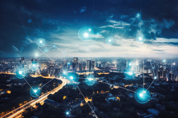 Obraz premium Internet of things, connected all devices to a network and communicate between. Night city landscape with connection wires. Concept. Generative AI.
