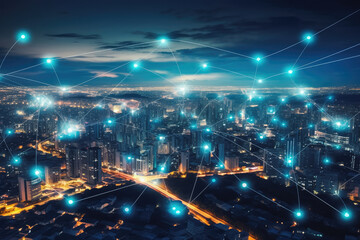 Internet of things, connected all devices to a network and communicate between. Night city landscape with connection wires. Concept. Generative AI.